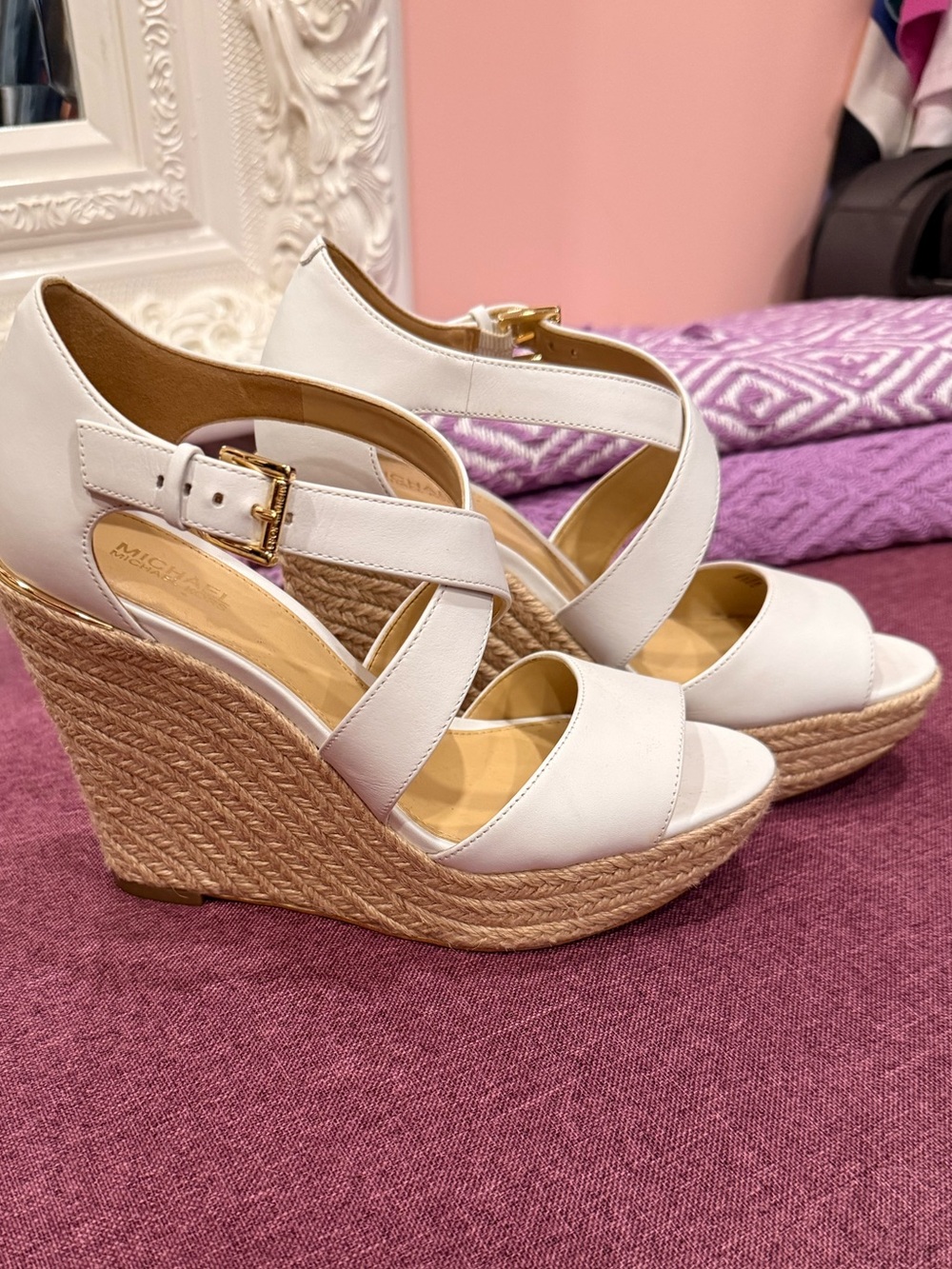Michael Kors White Leather Espadrille Wedge Sandals with Rope Platform
